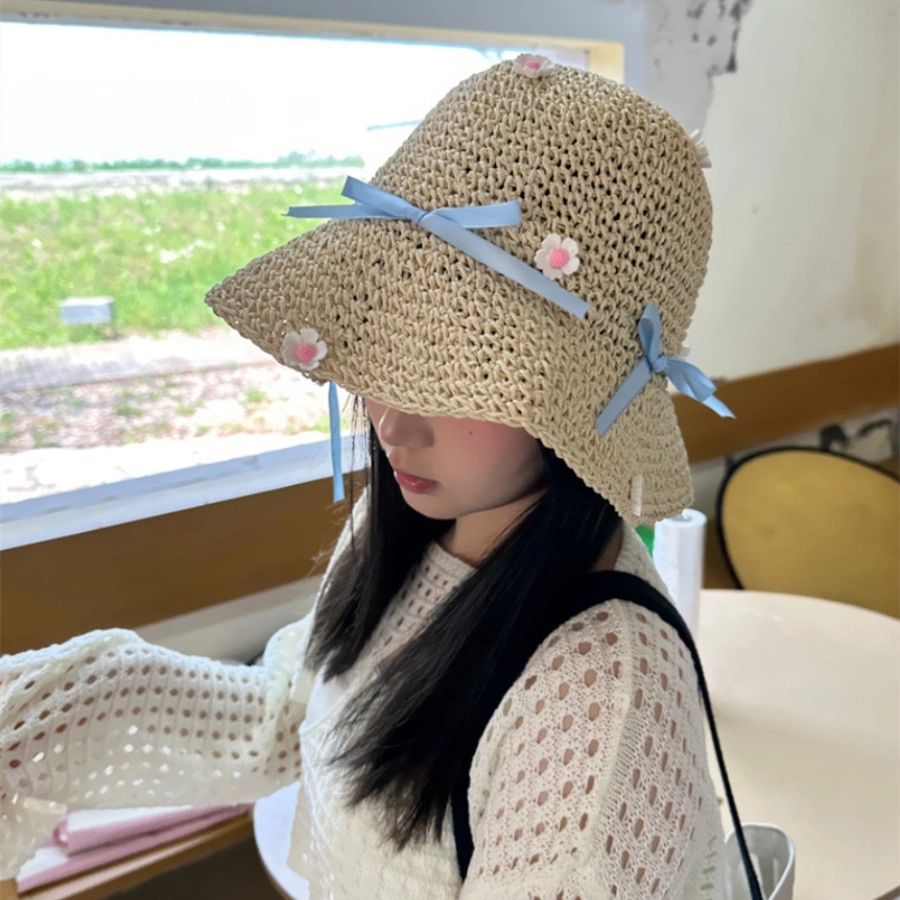 撞青春 草帽风蝴蝶结花朵遮阳 甜美 海边度假法式平顶 拉菲草 渔夫帽 女款