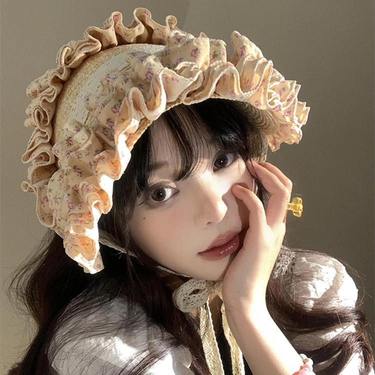 撞青春 法式复古蕾丝碎花编织海边沙滩度假田园风发带 草编 帽子 女款