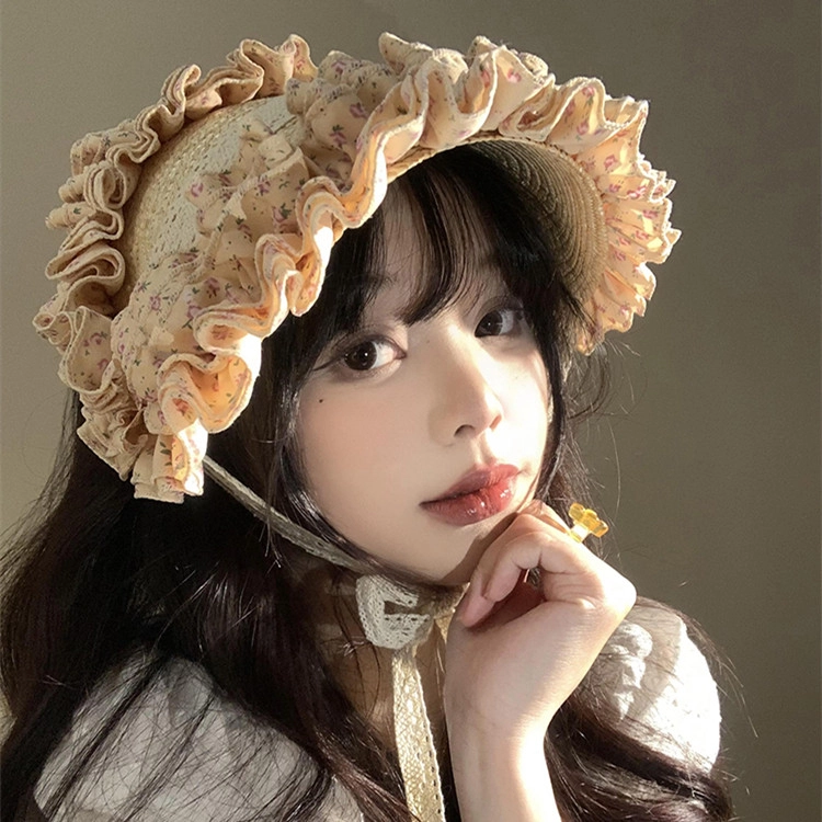 撞青春 法式复古蕾丝碎花编织海边沙滩度假田园风发带 草编 帽子 女款