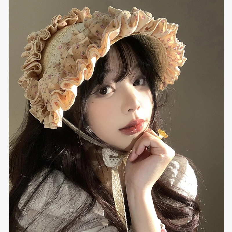 撞青春 法式复古蕾丝碎花编织海边沙滩度假田园风发带 草编 帽子 女款