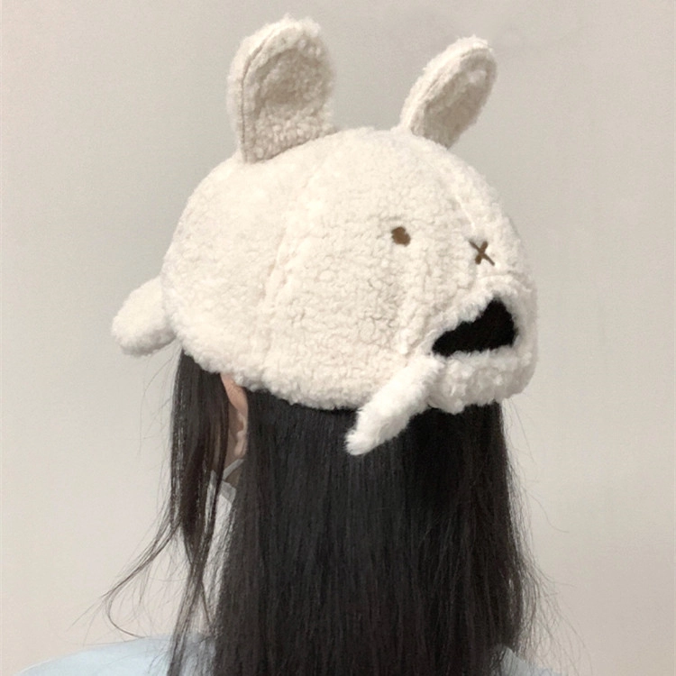 撞青春 帽子秋冬季显脸小大头围保暖可爱羊羔毛绒小兔 羊羔毛 鸭舌帽 女款
