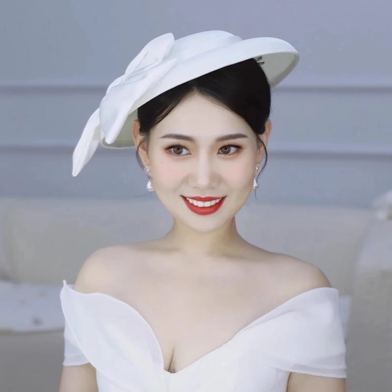 撞青春 白色复古赫本风晚宴英伦夜上海旗袍礼服帽子头饰 缎面 礼帽 女款