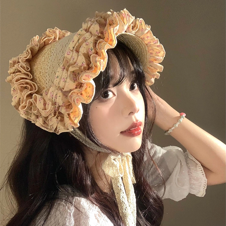撞青春 法式复古蕾丝碎花编织海边沙滩度假田园风发带 草编 帽子 女款