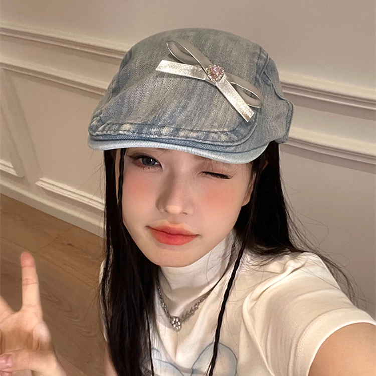 撞青春 蝴蝶结前进帽复古潮 牛仔布 贝雷帽 女款