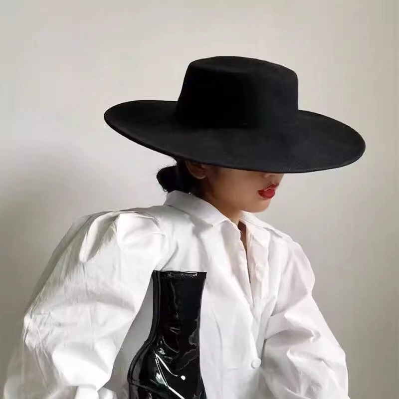 撞青春 平顶 大帽檐百搭毛毡帽子爵士帽法式 毛呢 礼帽 女款