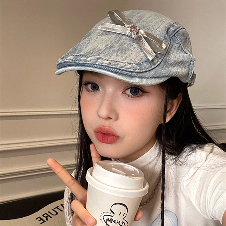 撞青春 蝴蝶结前进帽复古潮 牛仔布 贝雷帽 女款