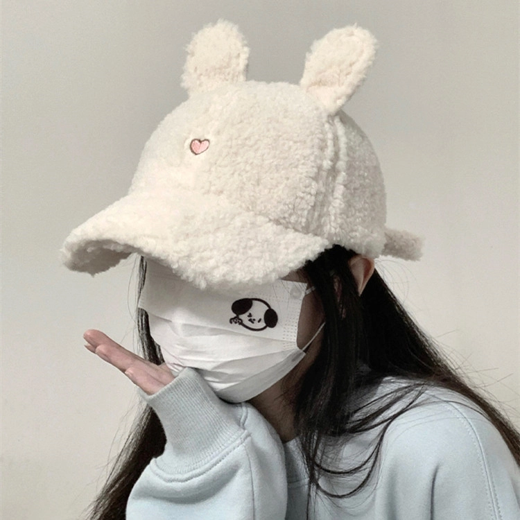 撞青春 帽子秋冬季显脸小大头围保暖可爱羊羔毛绒小兔 羊羔毛 鸭舌帽 女款