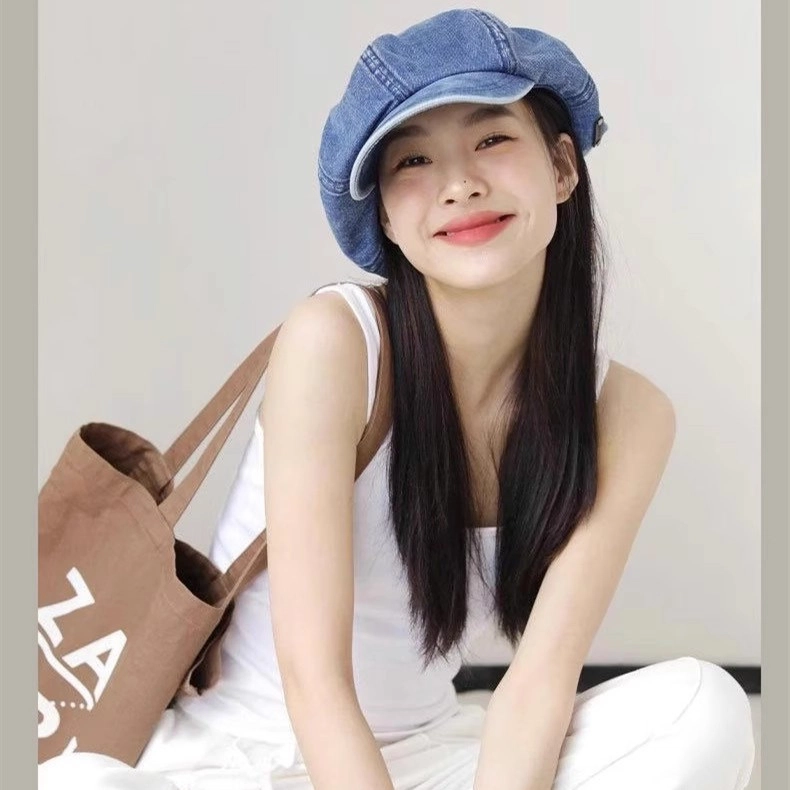 撞青春 复古画家帽薄款大头围八角帽蓝色帽子  牛仔布 贝雷帽 男女同款情侣款