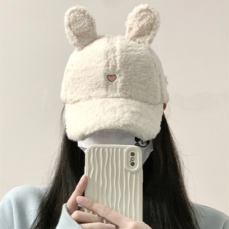 撞青春 帽子秋冬季显脸小大头围保暖可爱羊羔毛绒小兔 羊羔毛 鸭舌帽 女款