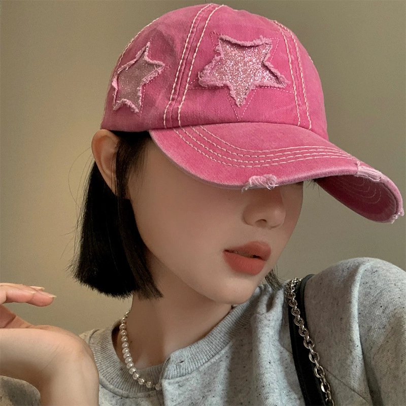 撞青春 破洞帽女大头围显脸小 粉色宽帽檐帽子潮 棉 鸭舌帽 男女同款情侣款