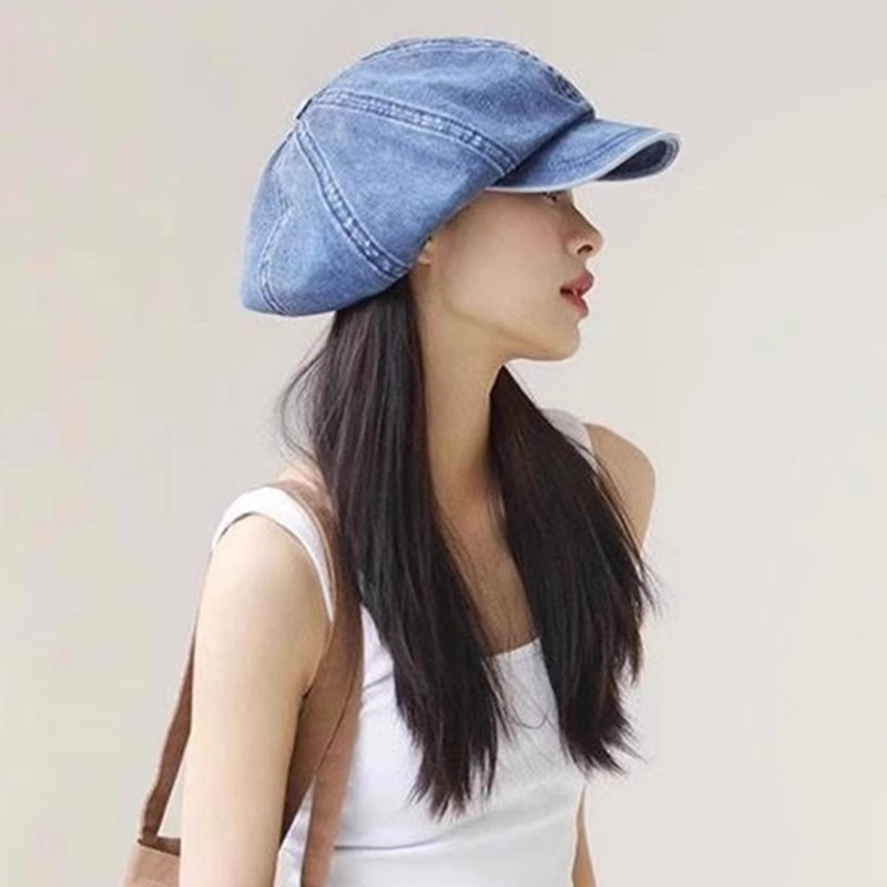 撞青春 复古画家帽薄款大头围八角帽蓝色帽子  牛仔布 贝雷帽 男女同款情侣款
