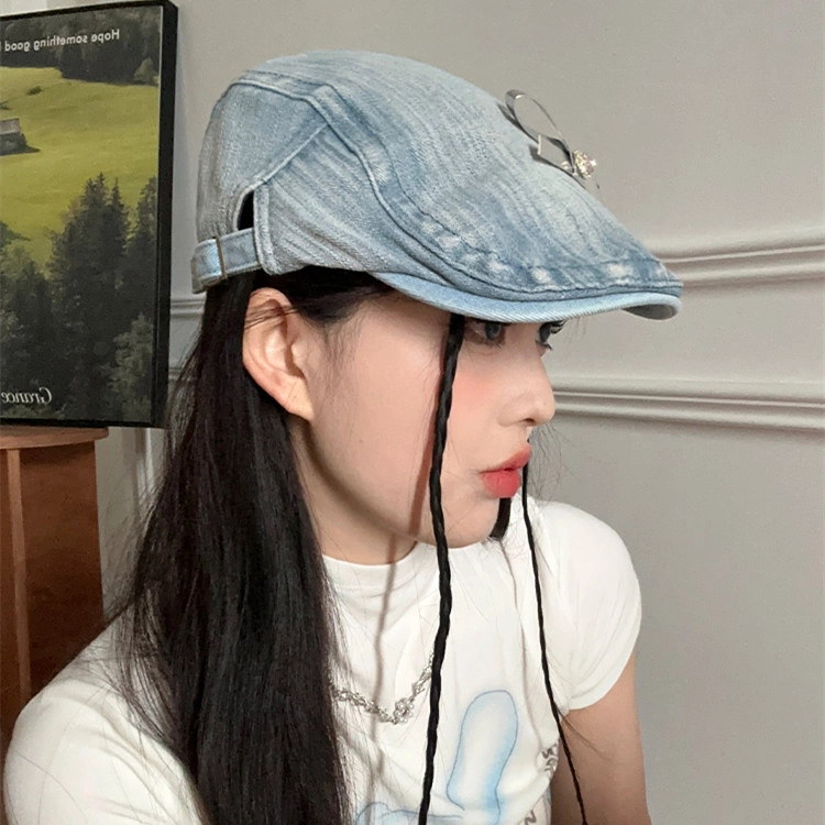 撞青春 蝴蝶结前进帽复古潮 牛仔布 贝雷帽 女款