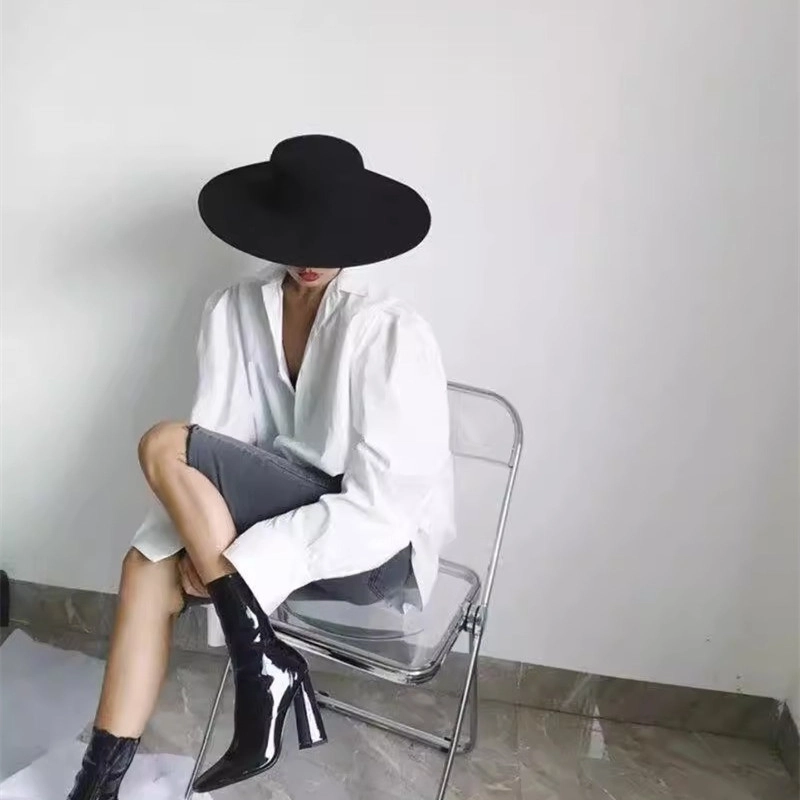 撞青春 平顶 大帽檐百搭毛毡帽子爵士帽法式 毛呢 礼帽 女款