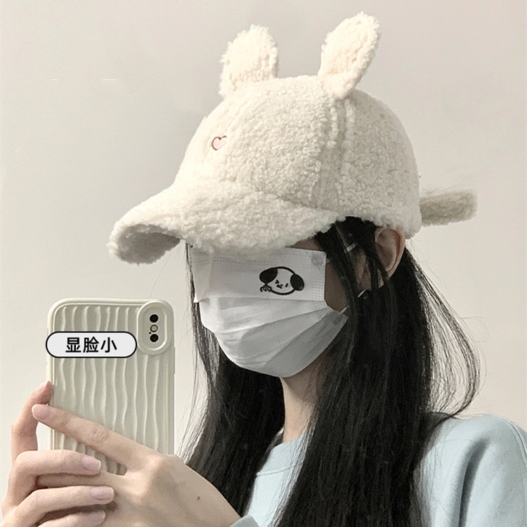 撞青春 帽子秋冬季显脸小大头围保暖可爱羊羔毛绒小兔 羊羔毛 鸭舌帽 女款