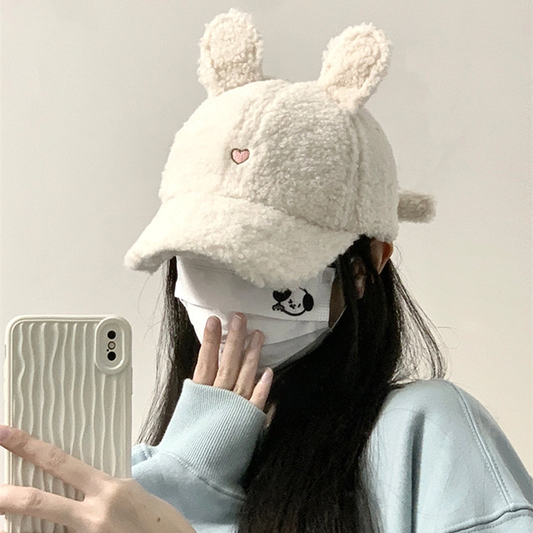撞青春 帽子秋冬季显脸小大头围保暖可爱羊羔毛绒小兔 羊羔毛 鸭舌帽 女款