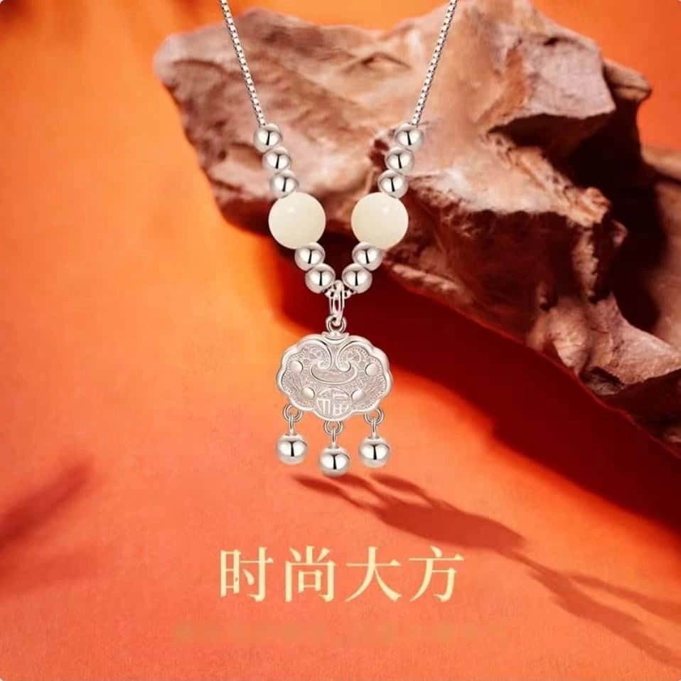 镯瑾 如意平安锁 国潮复古新中式小众设计高级感 光面立体镂空花丝长命锁圆珠锁骨链 好运 白玉菩提 项链 男女同款情侣款