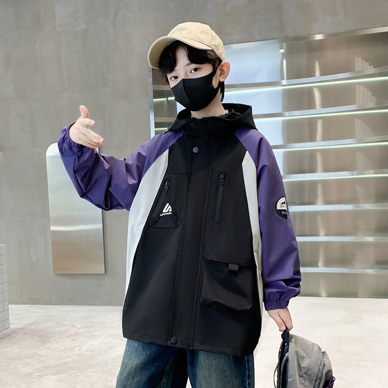 木木屋 时髦洋气潮酷百搭插肩拼色连帽长袖夹克外套青少年
