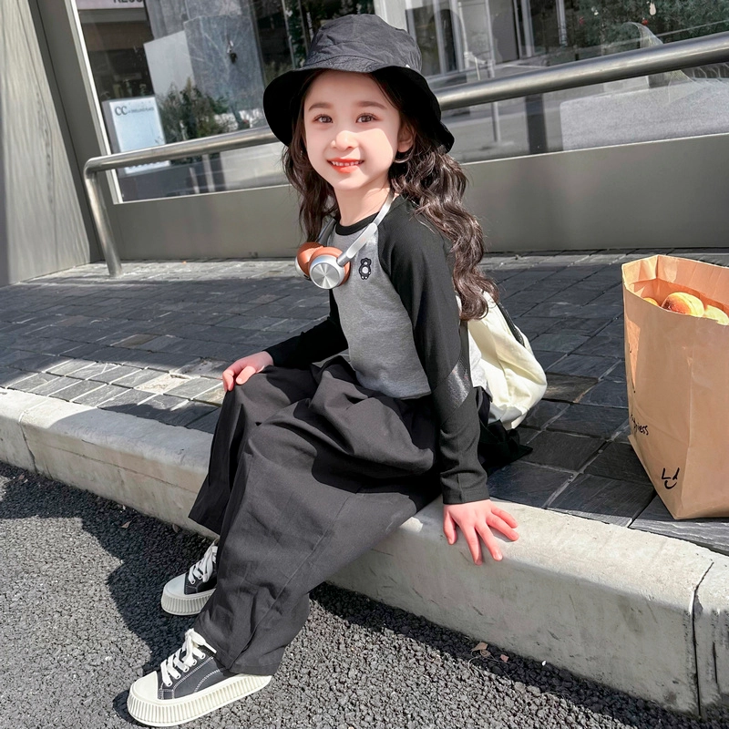 木木屋 圆领插肩上衣松紧长裤休闲运动套装 黑色中小童