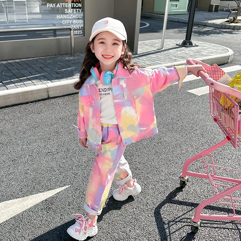木木屋 时尚宽松舒适百搭潮流扎染涂鸦翻领长袖上衣长裤休闲运动套装 粉色中小童