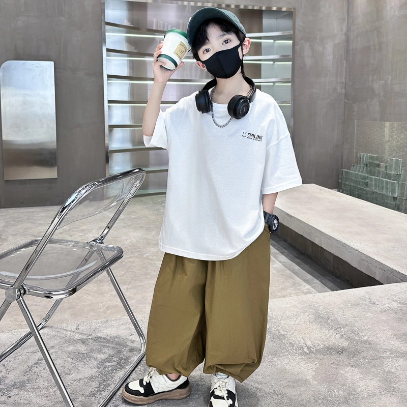 木木屋 圆领洋气字母简约落肩短袖松紧腰纯色长裤休闲运动套装青少年