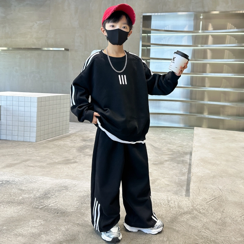 木木屋 舒适圆领条纹上衣透气裤子休闲运动套装青少年