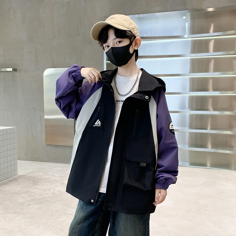 木木屋 时髦洋气潮酷百搭插肩拼色连帽长袖夹克外套青少年