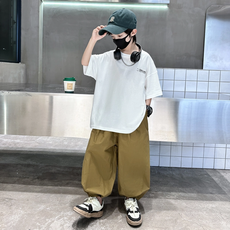 木木屋 圆领洋气字母简约落肩短袖松紧腰纯色长裤休闲运动套装青少年