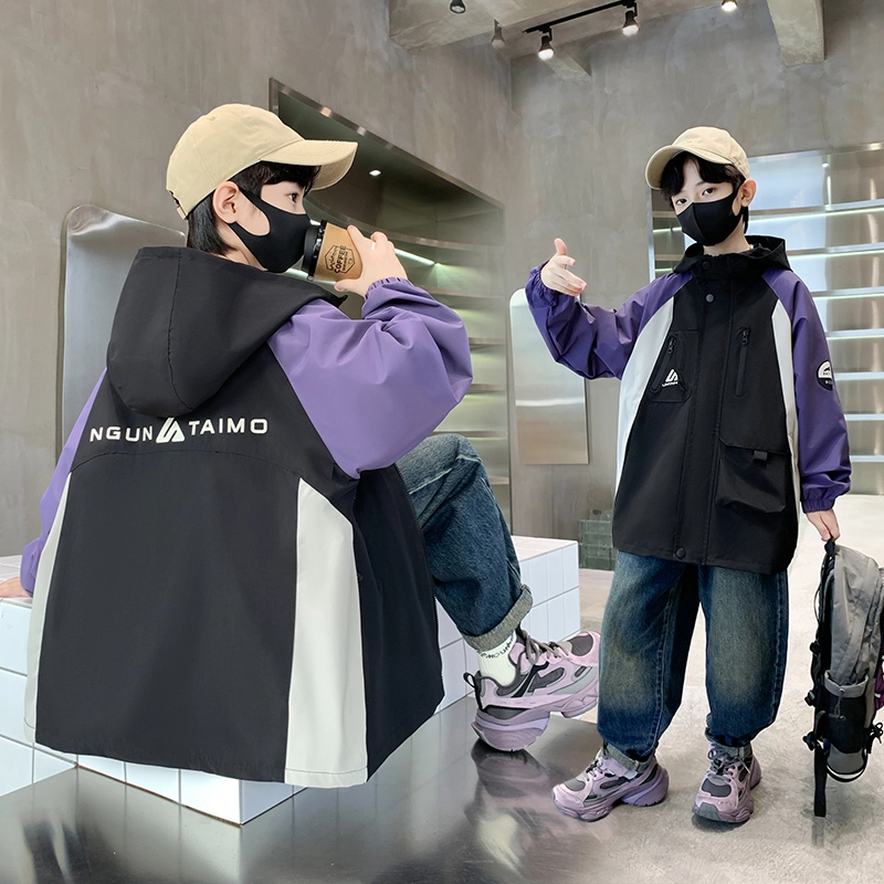 木木屋 时髦洋气潮酷百搭插肩拼色连帽长袖夹克外套青少年