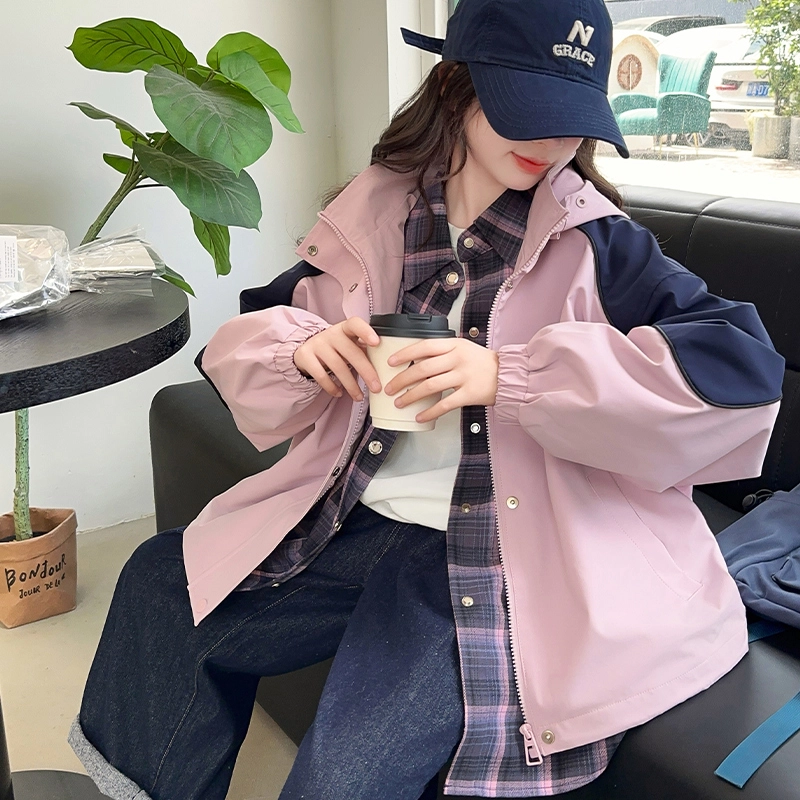 木木屋 连帽洋气字母拼接舒适插肩长袖夹克外套青少年