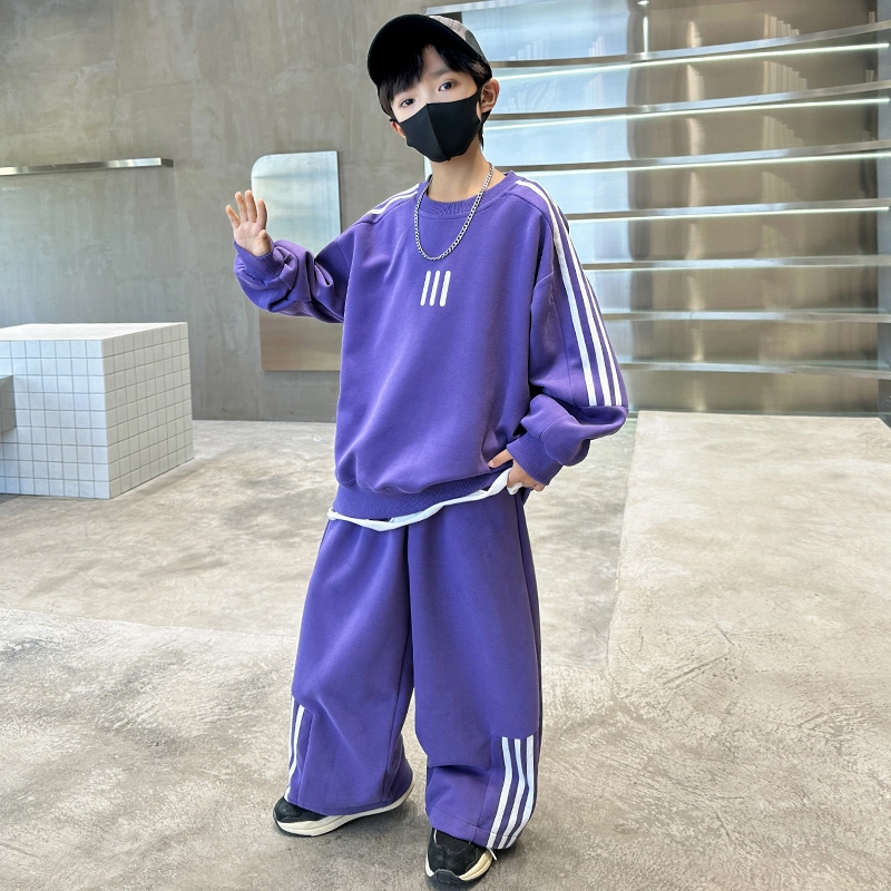 木木屋 舒适圆领条纹上衣透气裤子休闲运动套装青少年
