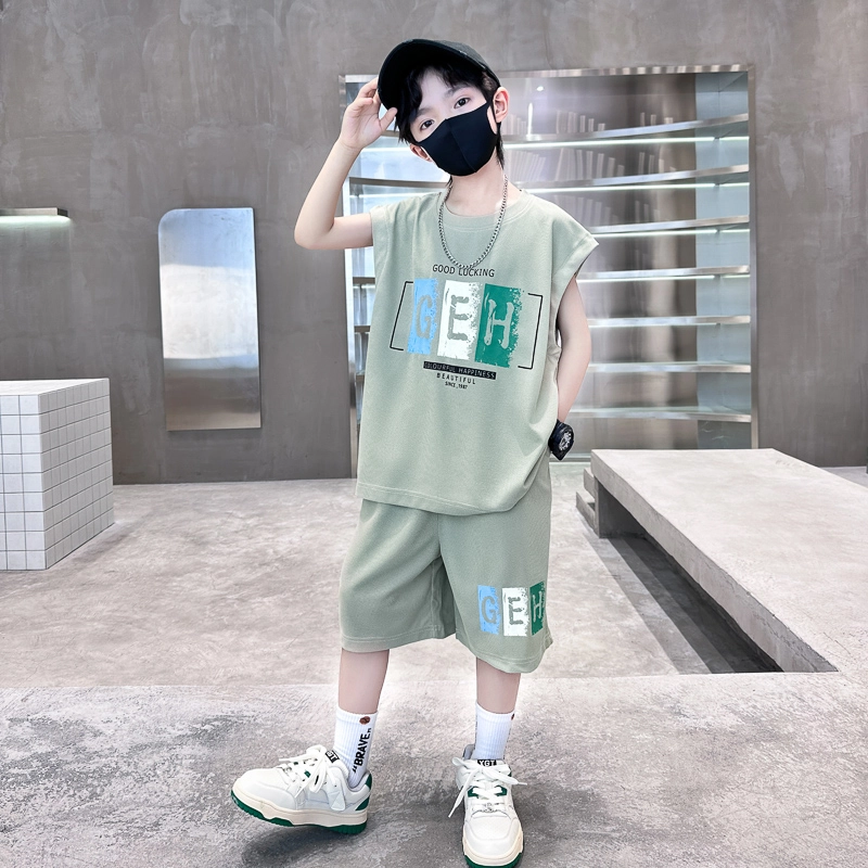 木木屋 圆领舒适亲肤无袖上衣简约五分裤休闲运动套装青少年