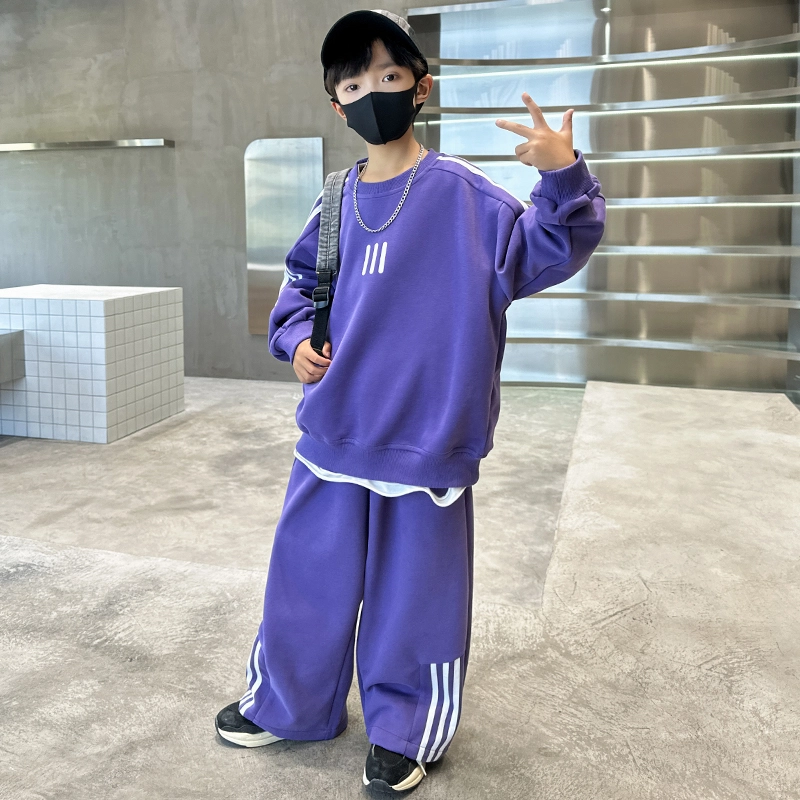 木木屋 舒适圆领条纹上衣透气裤子休闲运动套装青少年