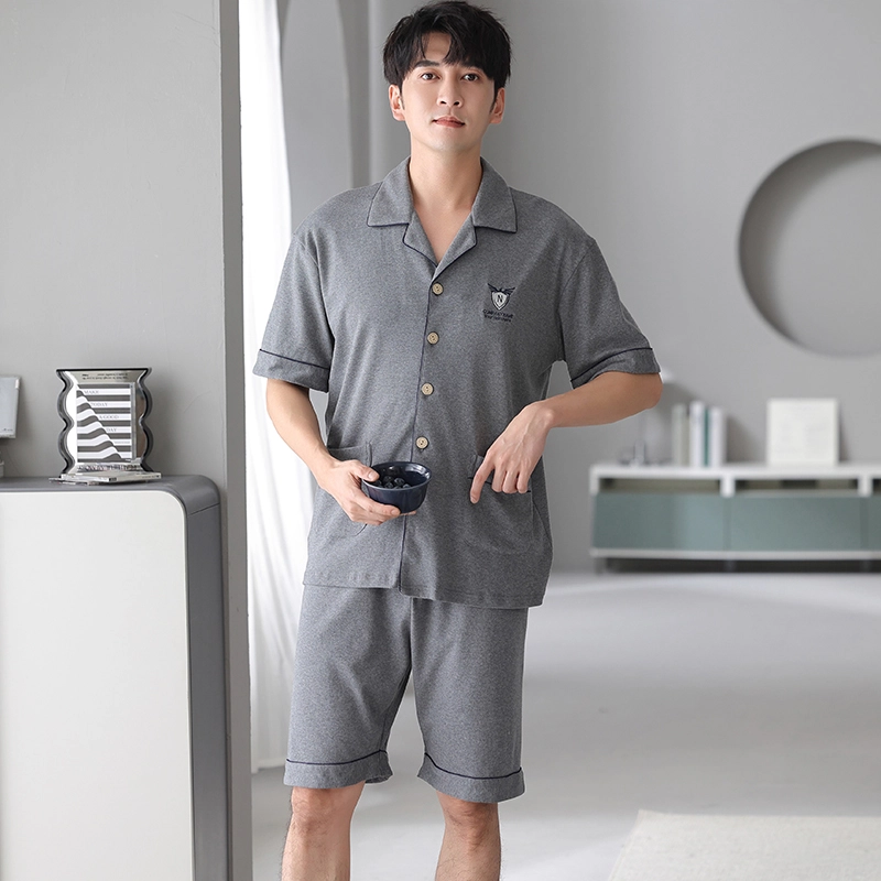 莫代尔 舒适透气翻领短袖上衣低腰五分裤睡衣套装 男款 花灰