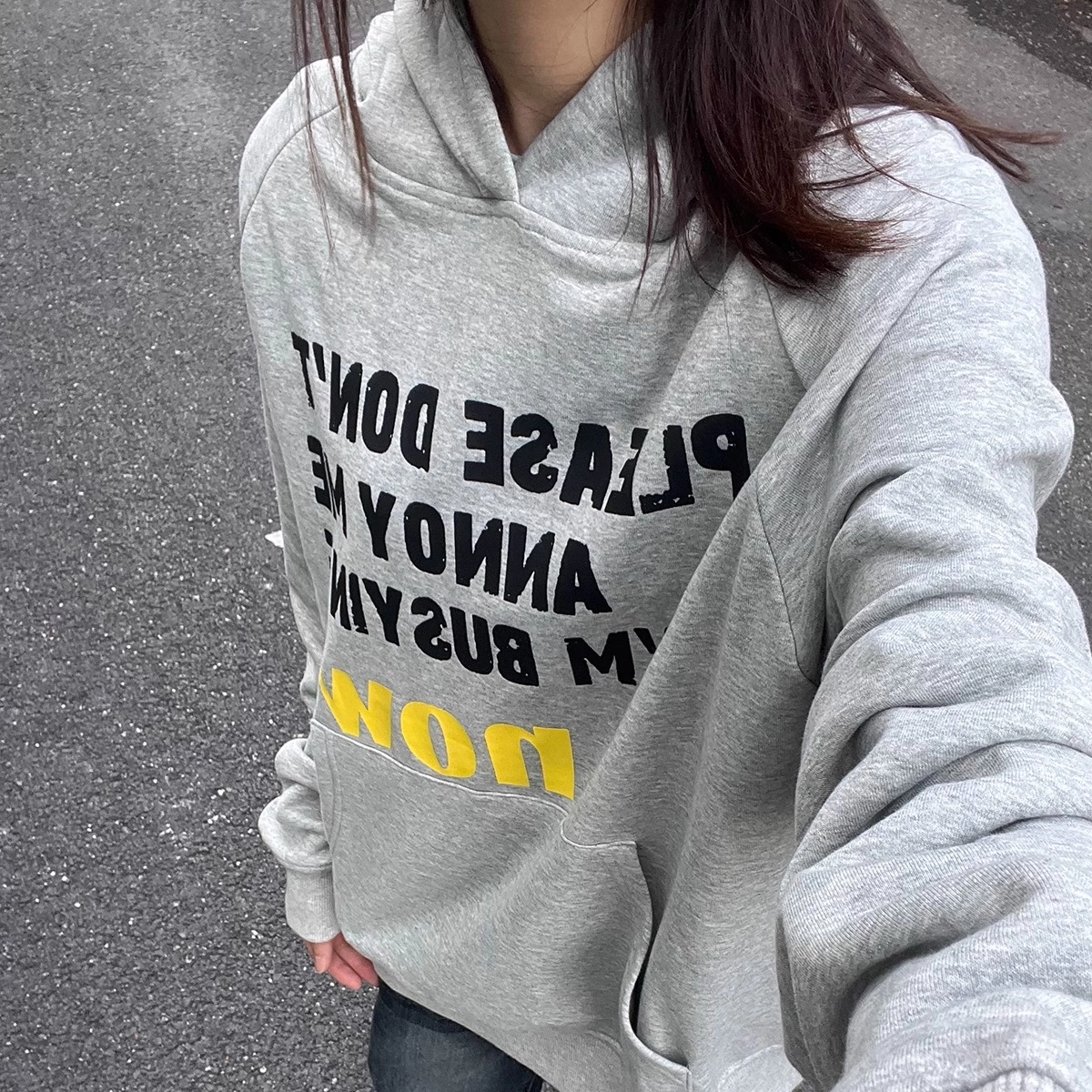 莫代尔 休闲韩版时尚潮流字母印花舒适亲肤连帽长袖打底衣 男女同款 花灰