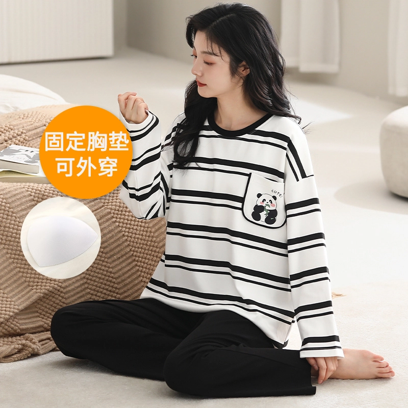 莫代尔 舒适亲肤带胸垫防凸点上衣韩版条纹满印时尚卡通印花口袋长裤睡衣套装 女款 黑色