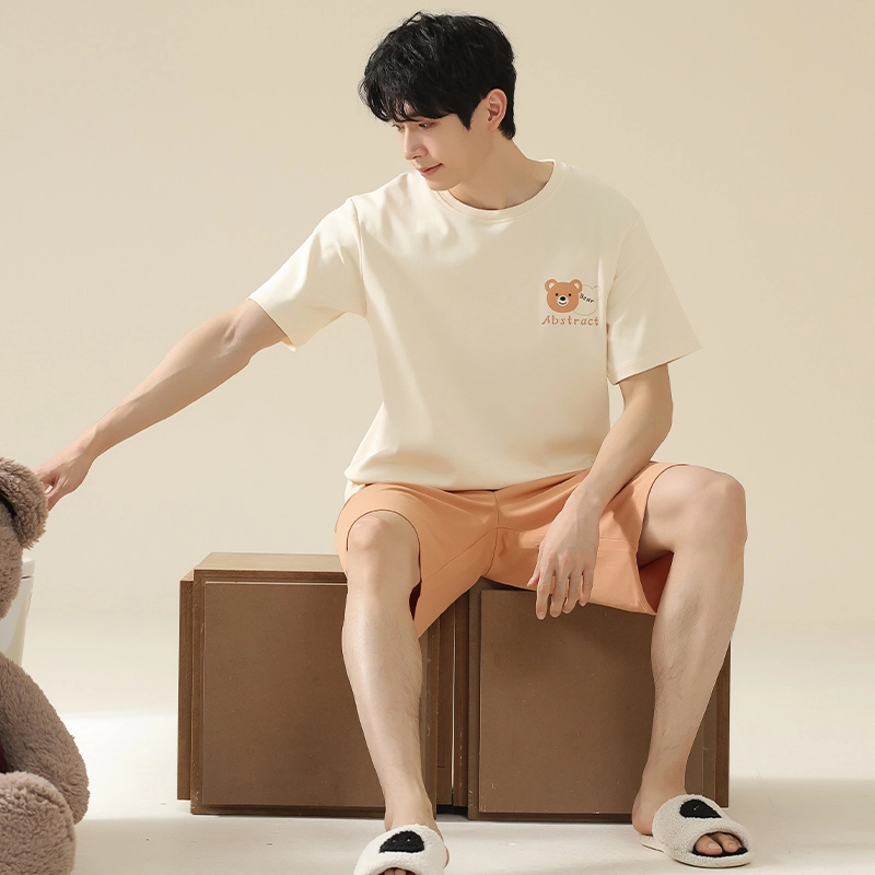 莫代尔 亲肤薄款韩版卡通短袖五分裤家居服可外穿睡衣套装 男款 杏色