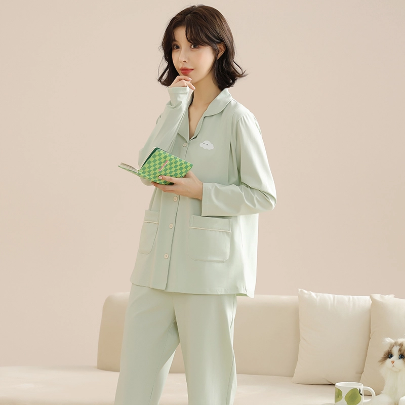 莫代尔 纯色月子服时尚开衫翻领居家长袖上衣双口袋松紧带长裤可外穿睡衣套装 女款 果绿色