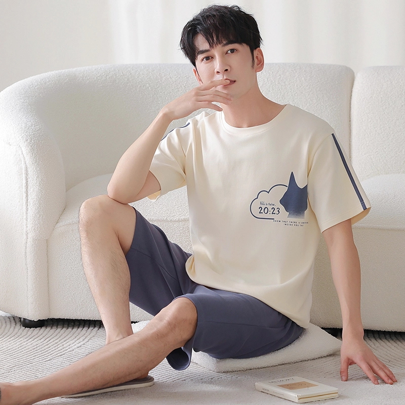 莫代尔 薄款韩版卡通时尚亲肤透气短袖五分裤家居服休闲可外穿睡衣套装 男款 杏色