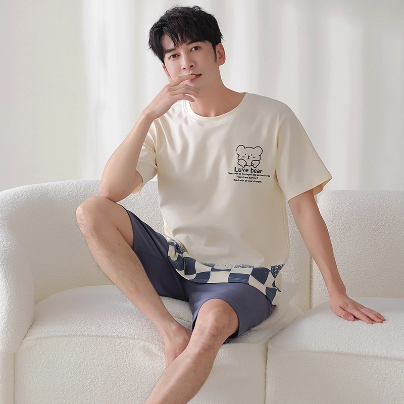 莫代尔 薄款韩版卡通小熊时尚亲肤透气短袖五分裤家居服可外穿睡衣套装 男款 杏色