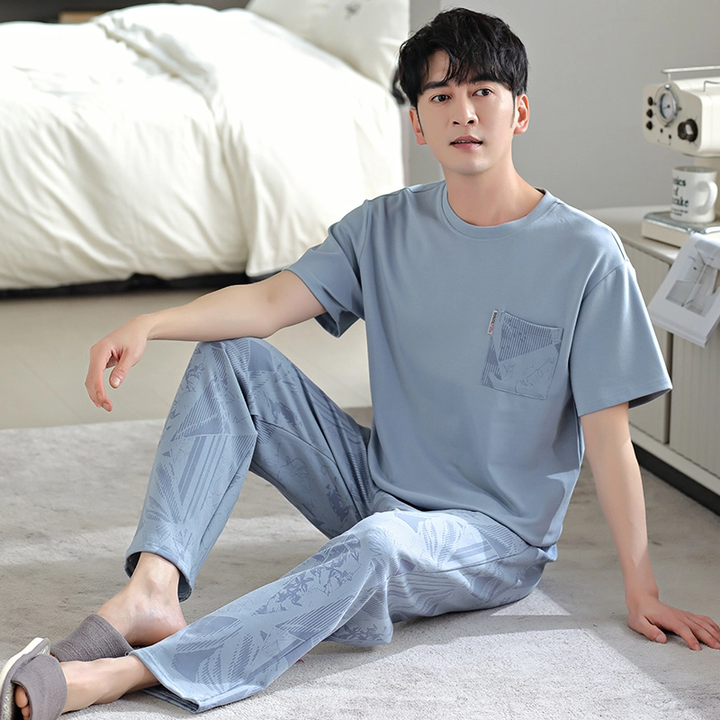 莫代尔 柔软舒适亲肤透气微弹耐磨吸湿排汗短袖松紧裤腰不勒腹长裤可居家休闲可外穿睡衣套装 男款 粉蓝色