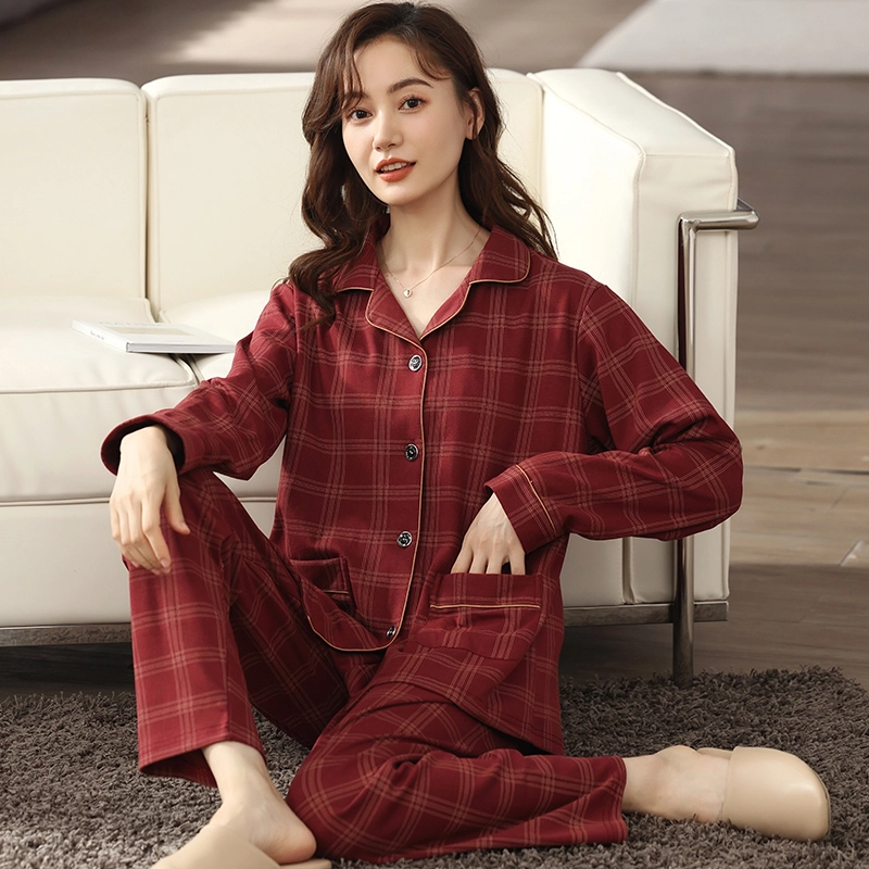 莫代尔 时尚舒适休闲纯色格纹居家翻领开衫长袖上衣双口袋松紧带长裤可外穿睡衣套装 女款 胭脂色
