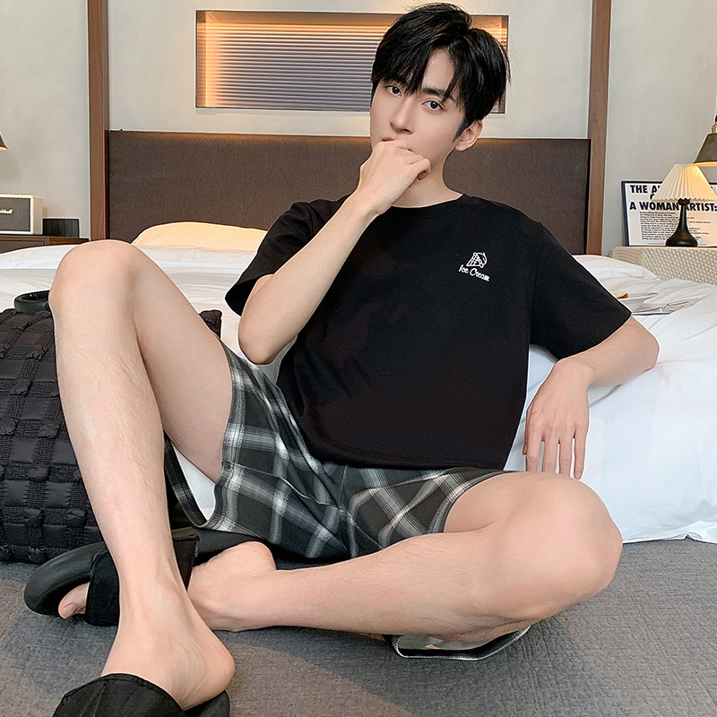 莫代尔 时尚印花短袖休闲方格短裤睡衣套装 男款 黑色