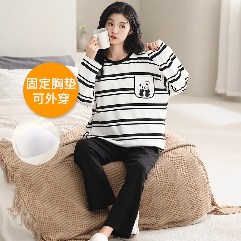 莫代尔 舒适亲肤带胸垫防凸点上衣韩版条纹满印时尚卡通印花口袋长裤睡衣套装 女款 黑色