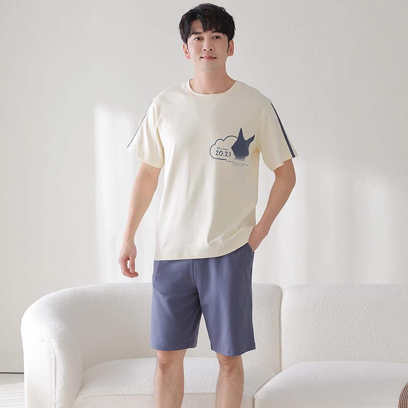 莫代尔 薄款韩版卡通时尚亲肤透气短袖五分裤家居服休闲可外穿睡衣套装 男款 杏色