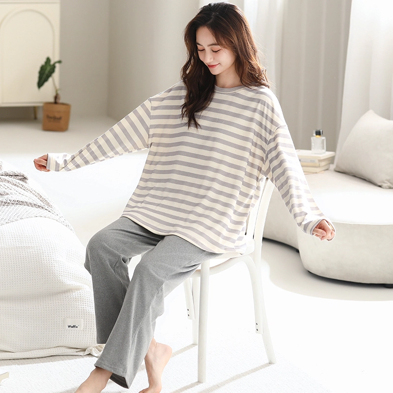 莫代尔 舒适亲肤条纹长袖长裤家居服睡衣套装 女款 灰色