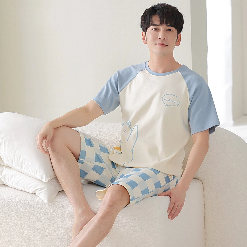 莫代尔 薄款亲肤韩版卡通短袖五分裤家居服可外穿睡衣套装 男款 杏色