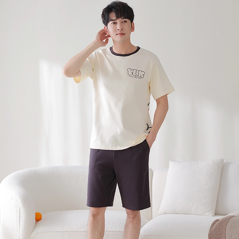 莫代尔 薄款韩版卡通亲肤透气短袖五分裤家居服可外穿睡衣套装 男款 杏色
