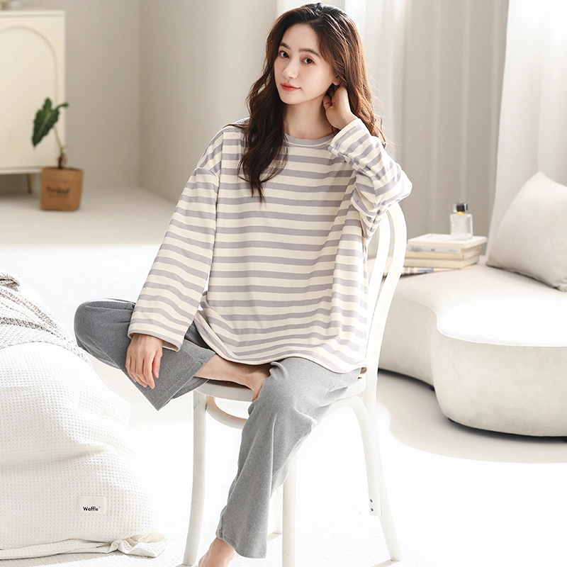 莫代尔 舒适亲肤条纹长袖长裤家居服睡衣套装 女款 灰色