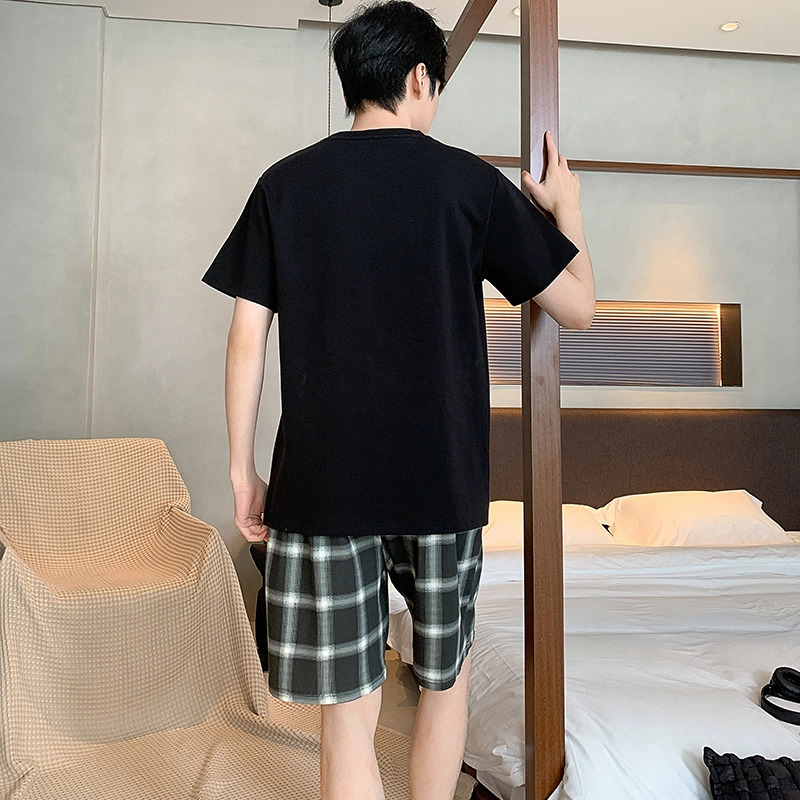 莫代尔 时尚印花短袖休闲方格短裤睡衣套装 男款 黑色