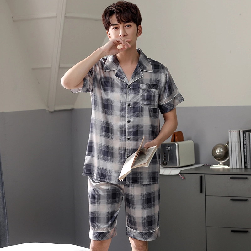 莫代尔 翻领简约舒适短袖上衣松紧腰格子五分裤睡衣套装 男款 黑白色